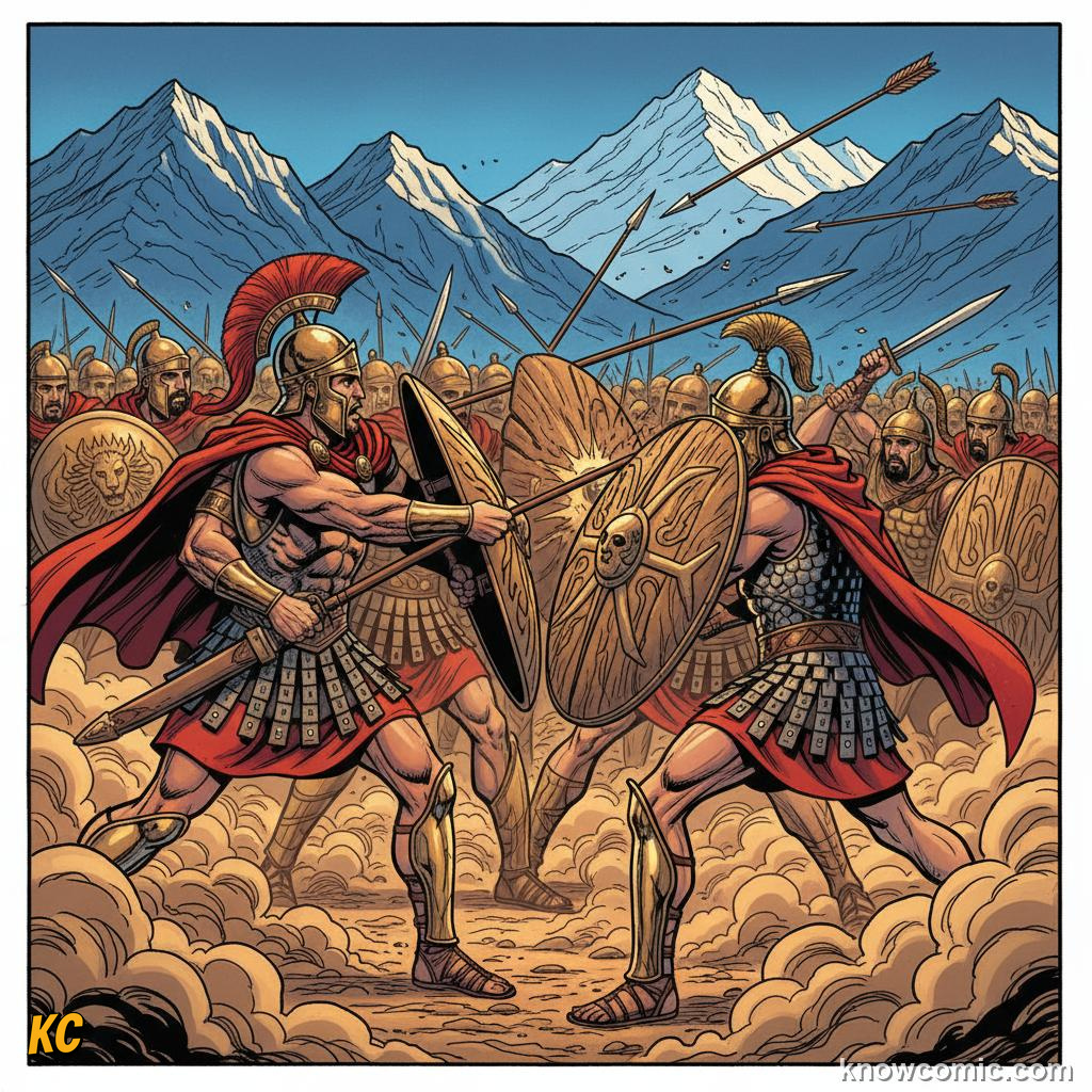 Athenian and Spartan armies clashing during the long Peloponnesian War 431 to 404 BCE