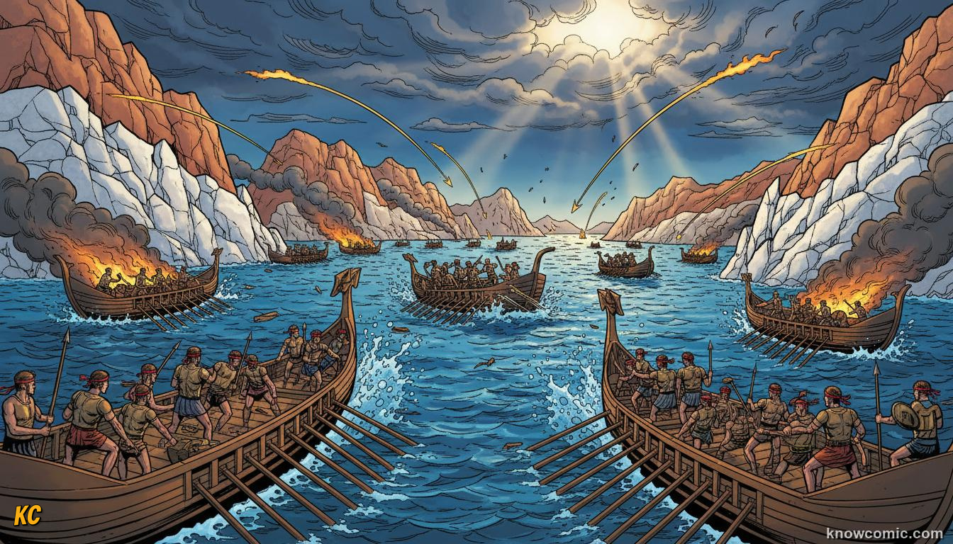 Greek triremes ramming Persian warships in the narrow straits at the Battle of Salamis 480 BCE