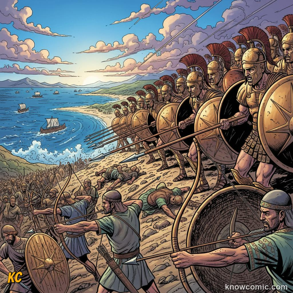 Greek hoplites in bronze armour charging Persian soldiers on the plain of Marathon in 490 BCE