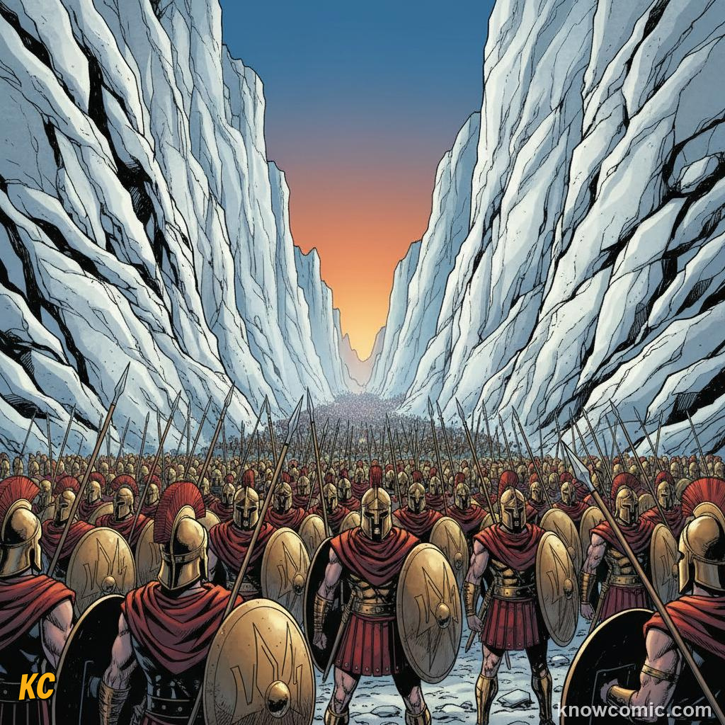 King Leonidas and 300 Spartans defending the narrow mountain pass at Thermopylae