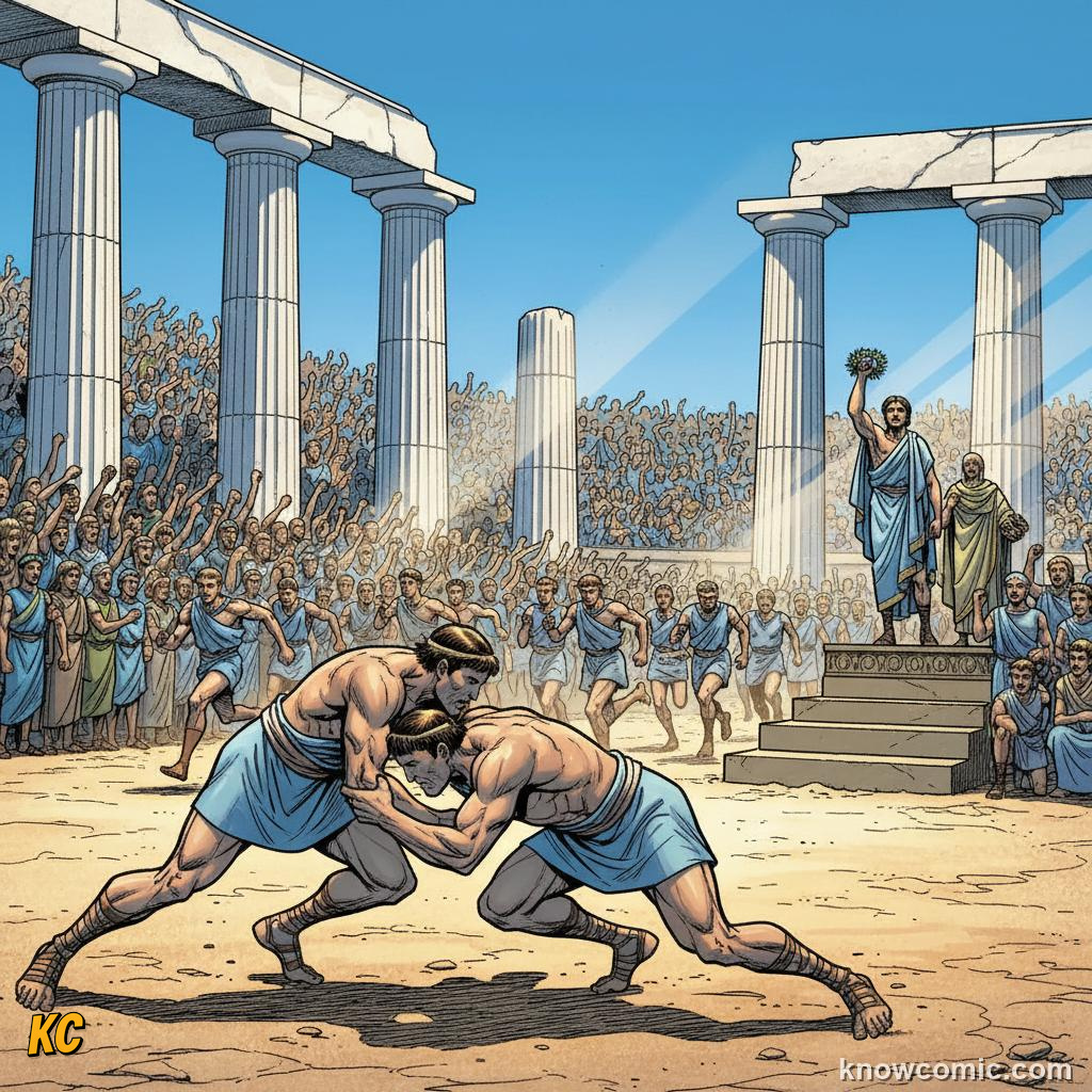 Ancient Greek athletes competing in running and wrestling at the Olympic Games in Olympia