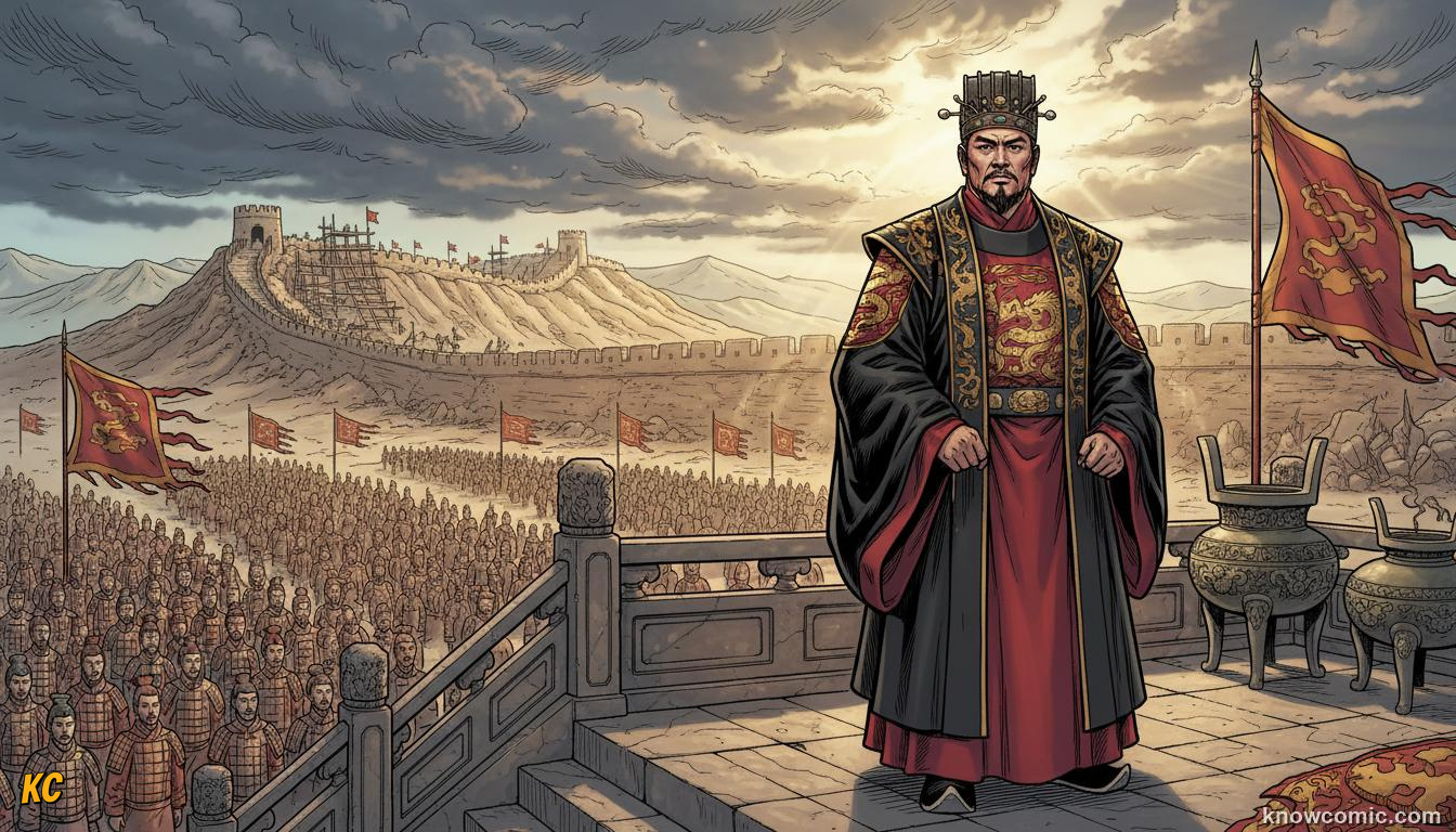 Qin Shi Huang unifying China in 221 BCE as first emperor of a vast empire