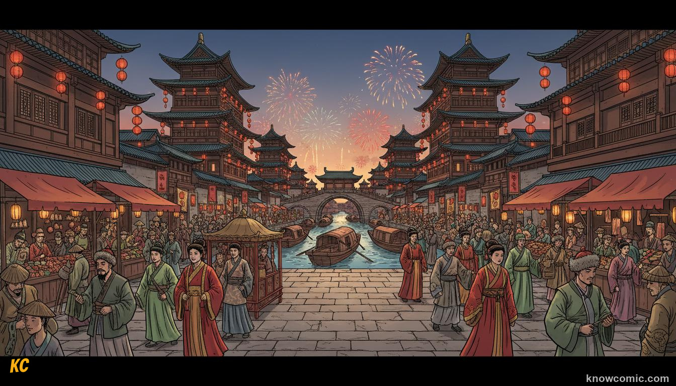 Tang and Song dynasty porcelain vessels and merchants trading at a market
