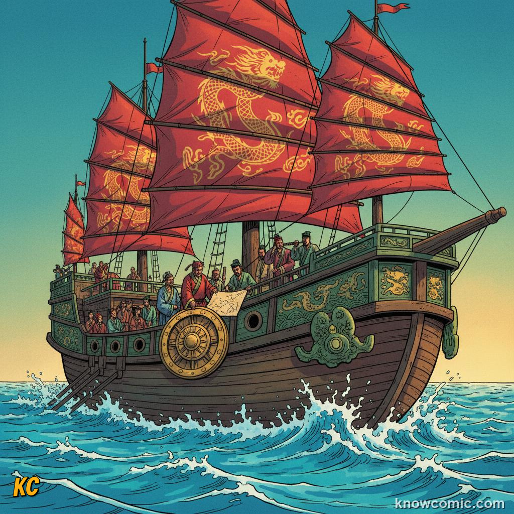 Large Chinese junk sailing ship with tall sails on the open sea