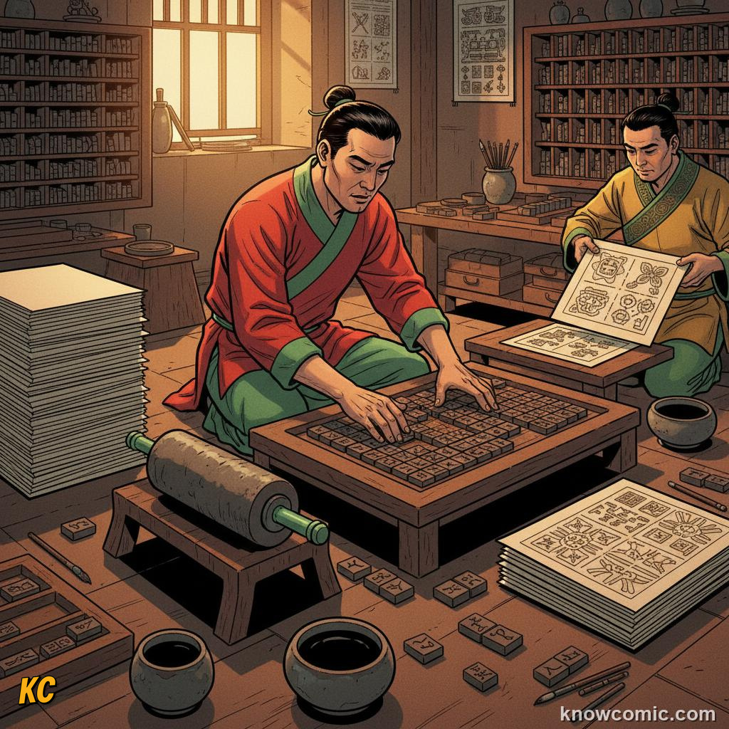 Bi Sheng arranging movable type blocks to print text onto paper