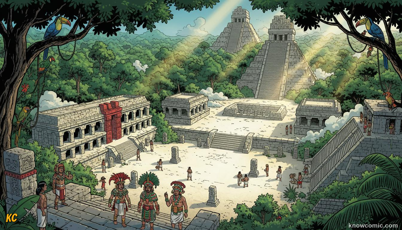 Aerial view of Maya cities rising from a vast green jungle landscape