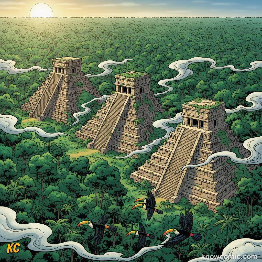Tikal pyramid towering above the jungle canopy at sunrise
