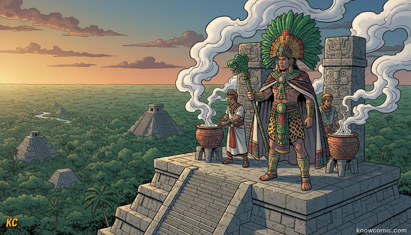 K'uhul Ajaw divine king ruling the Classic Maya period from a grand throne