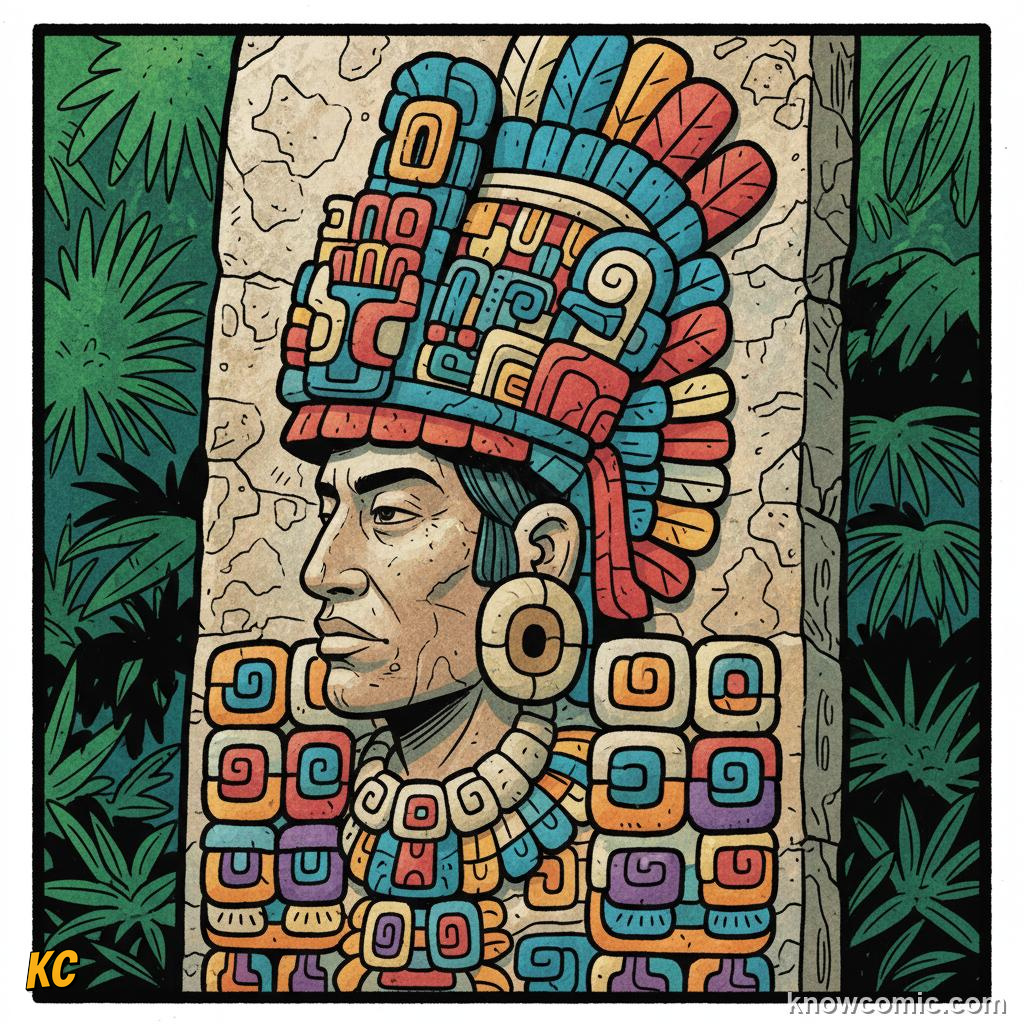 Carved stone stela depicting a Maya ruler with hieroglyphic inscriptions