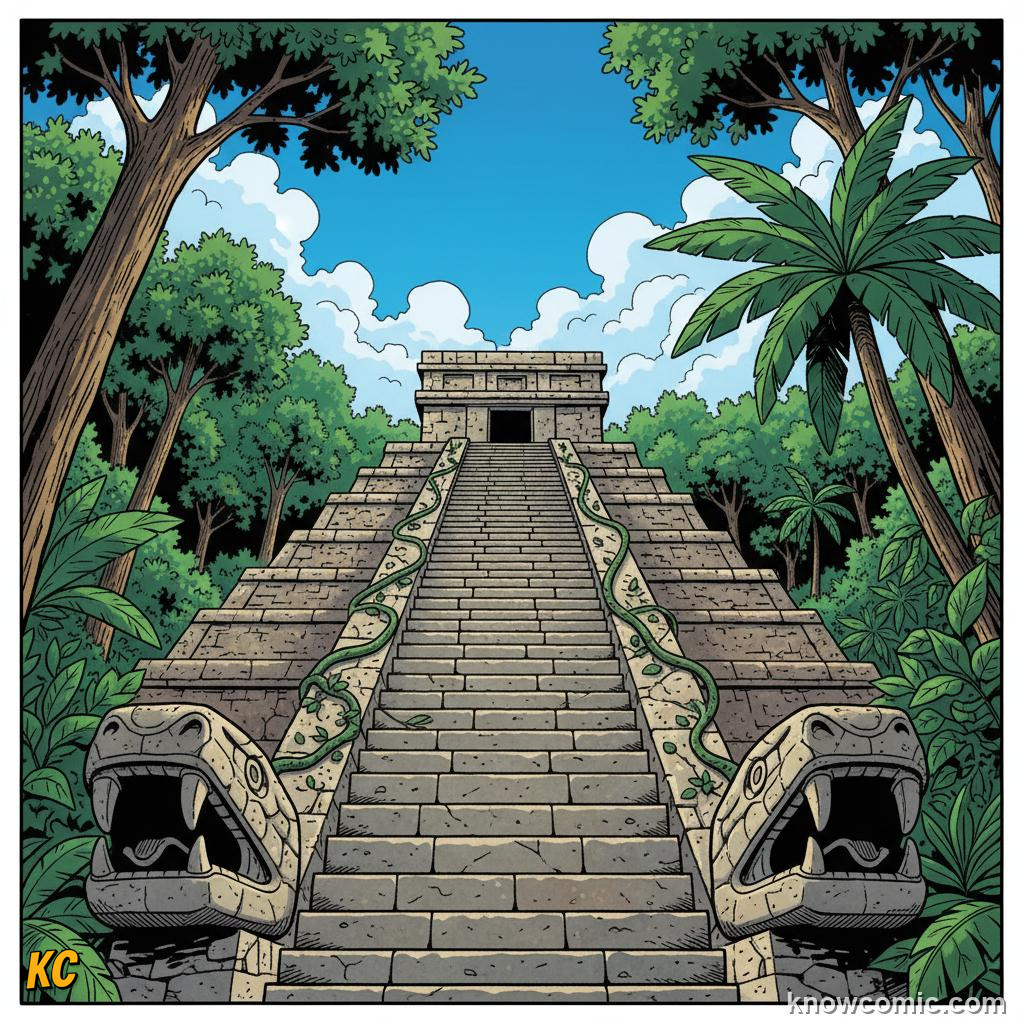 Steep temple-pyramid with staircase rising to a ceremonial shrine at the top