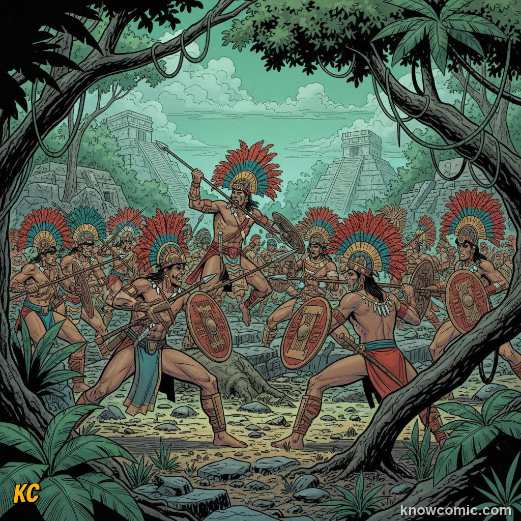 Maya warriors capturing enemies during battle between rival city-states