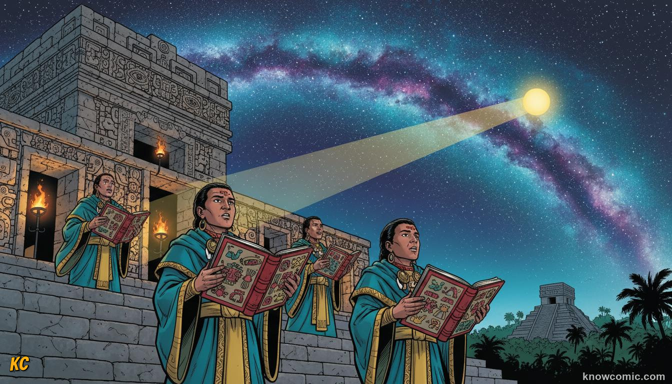 Maya astronomers observing stars and planets to build a 365-day calendar