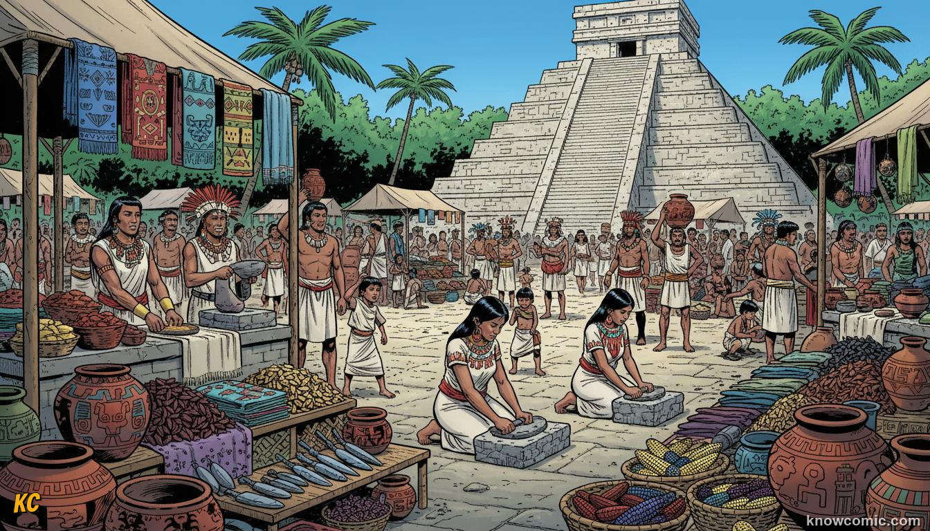 Busy Maya marketplace with farmers and traders selling maize and goods