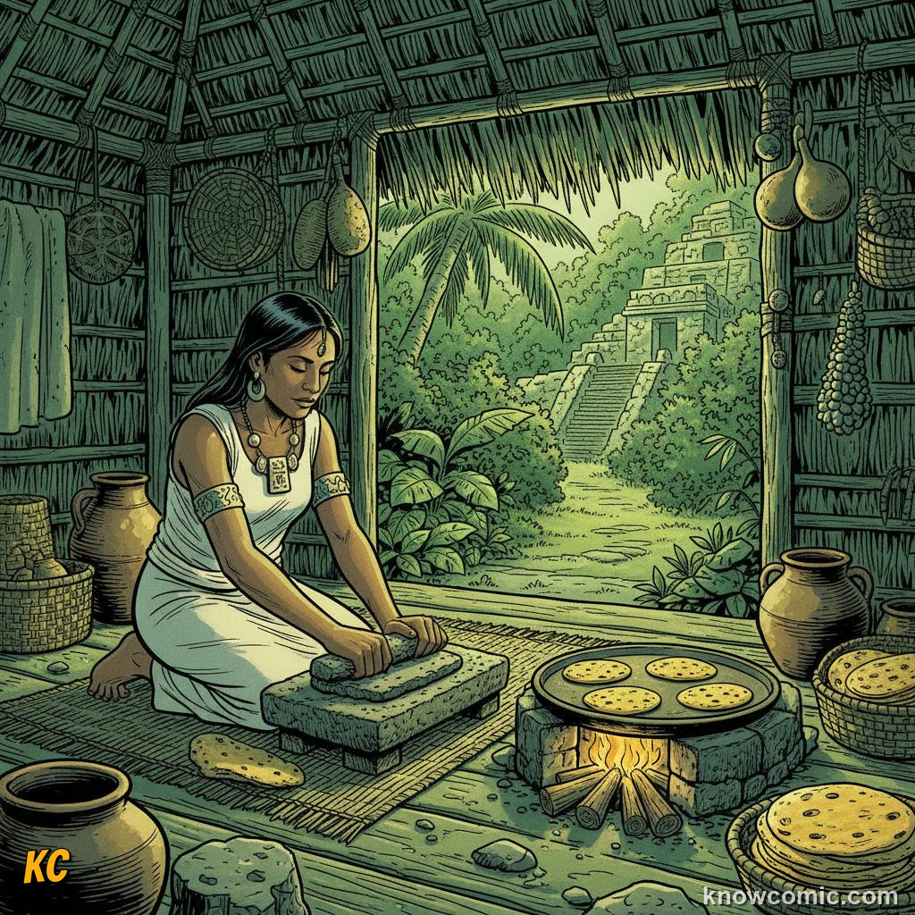 Woman using a metate grinding stone to process dried maize kernels
