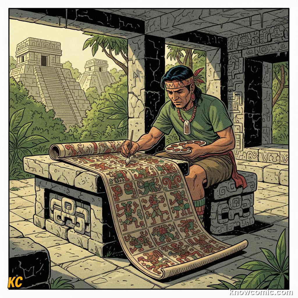 Scribe artist painting colourful glyphs inside a folded Maya codex book