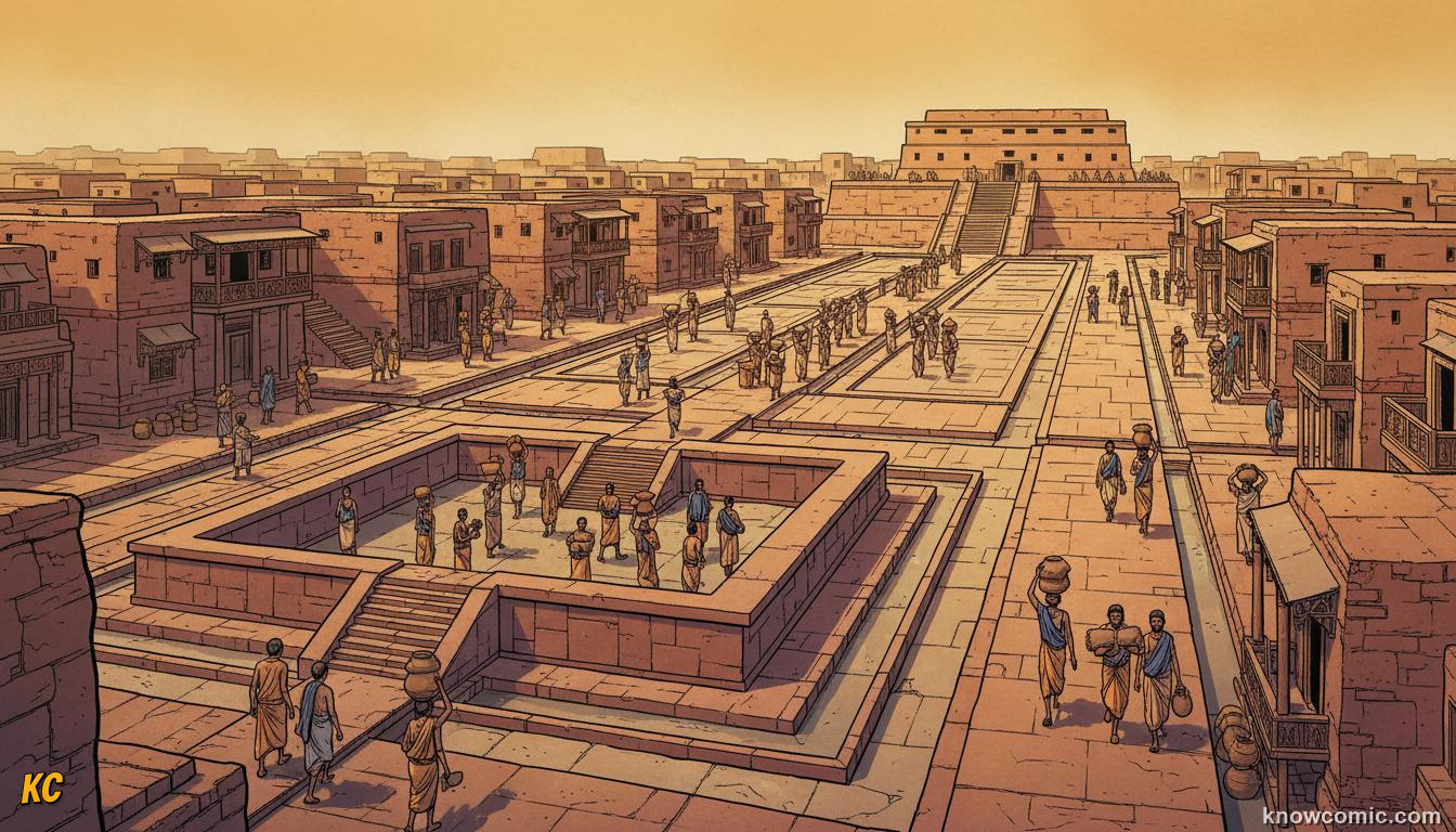 Ruins of Harappa and Mohenjo-daro with grid streets and brick buildings circa 2600 BCE