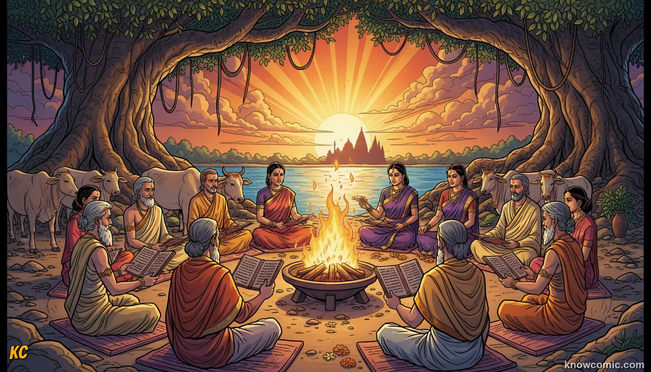 Vedic age scene with priests chanting Sanskrit hymns around a sacred fire