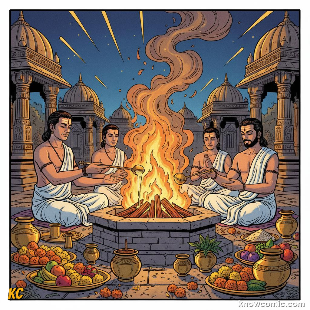 Flames rising from a sacred fire ritual performed during the Vedic age