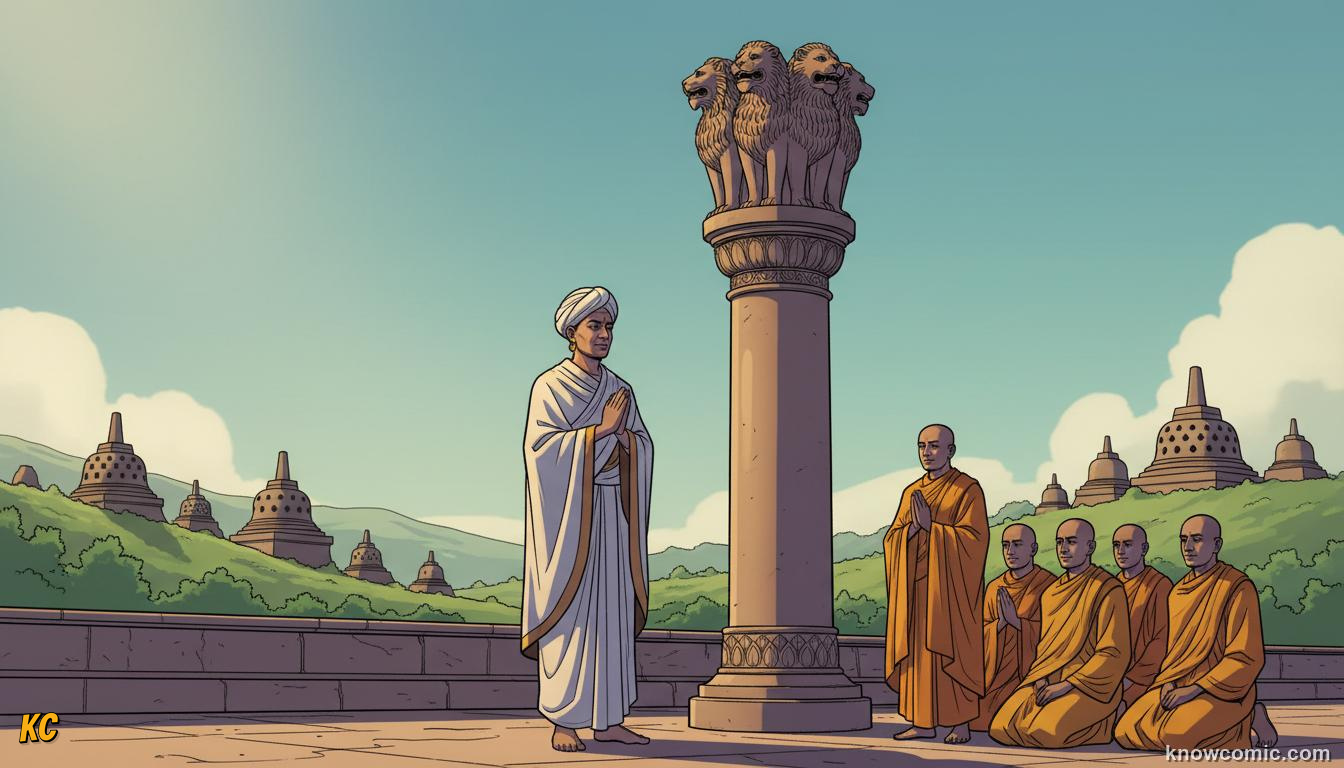 Emperor Ashoka transforming from conqueror to peaceful Buddhist preacher