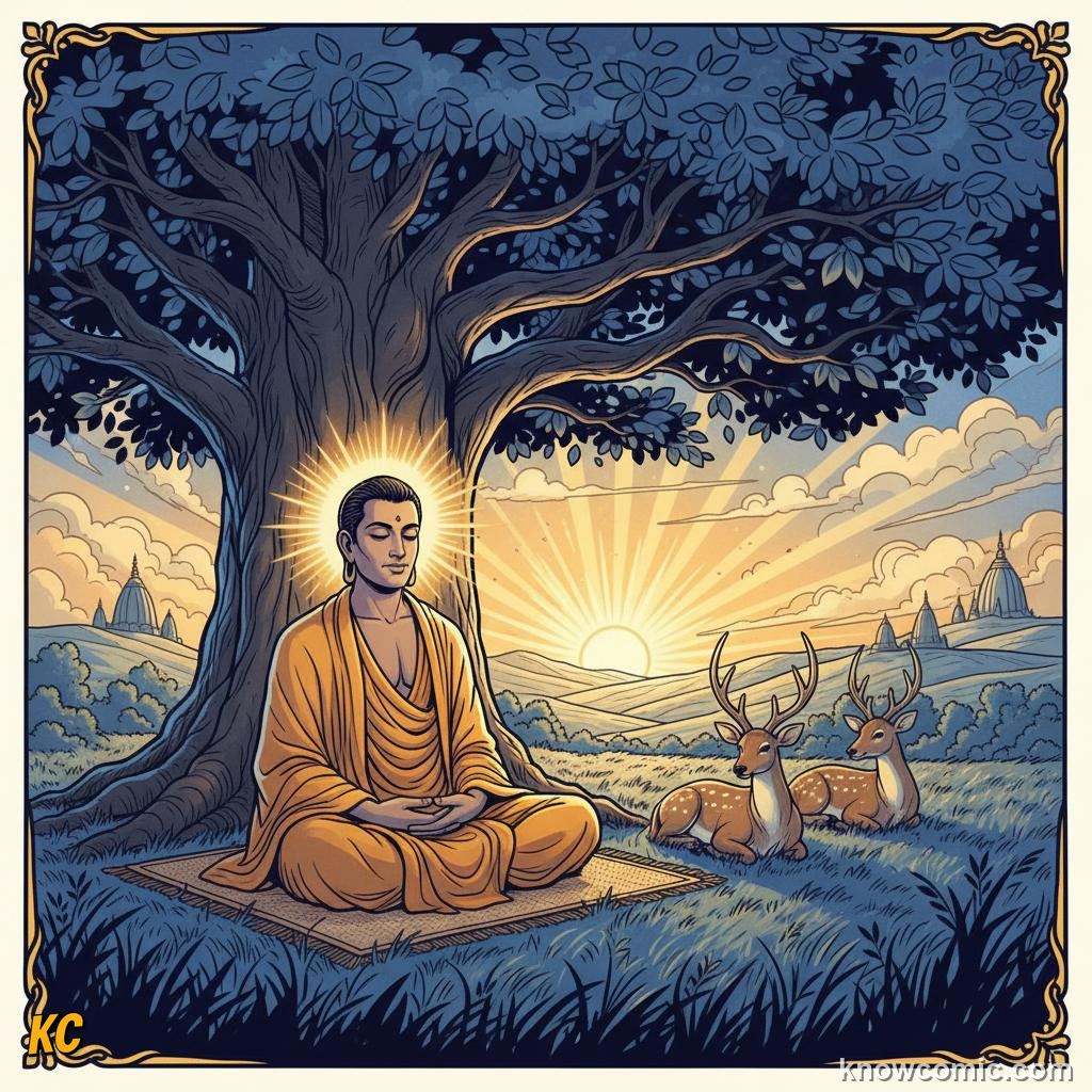 Siddhartha meditating under the Bodhi tree before becoming the Buddha