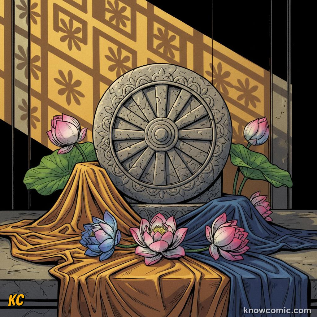 Stone dharma wheel representing the Buddha's teaching of the Eightfold Path