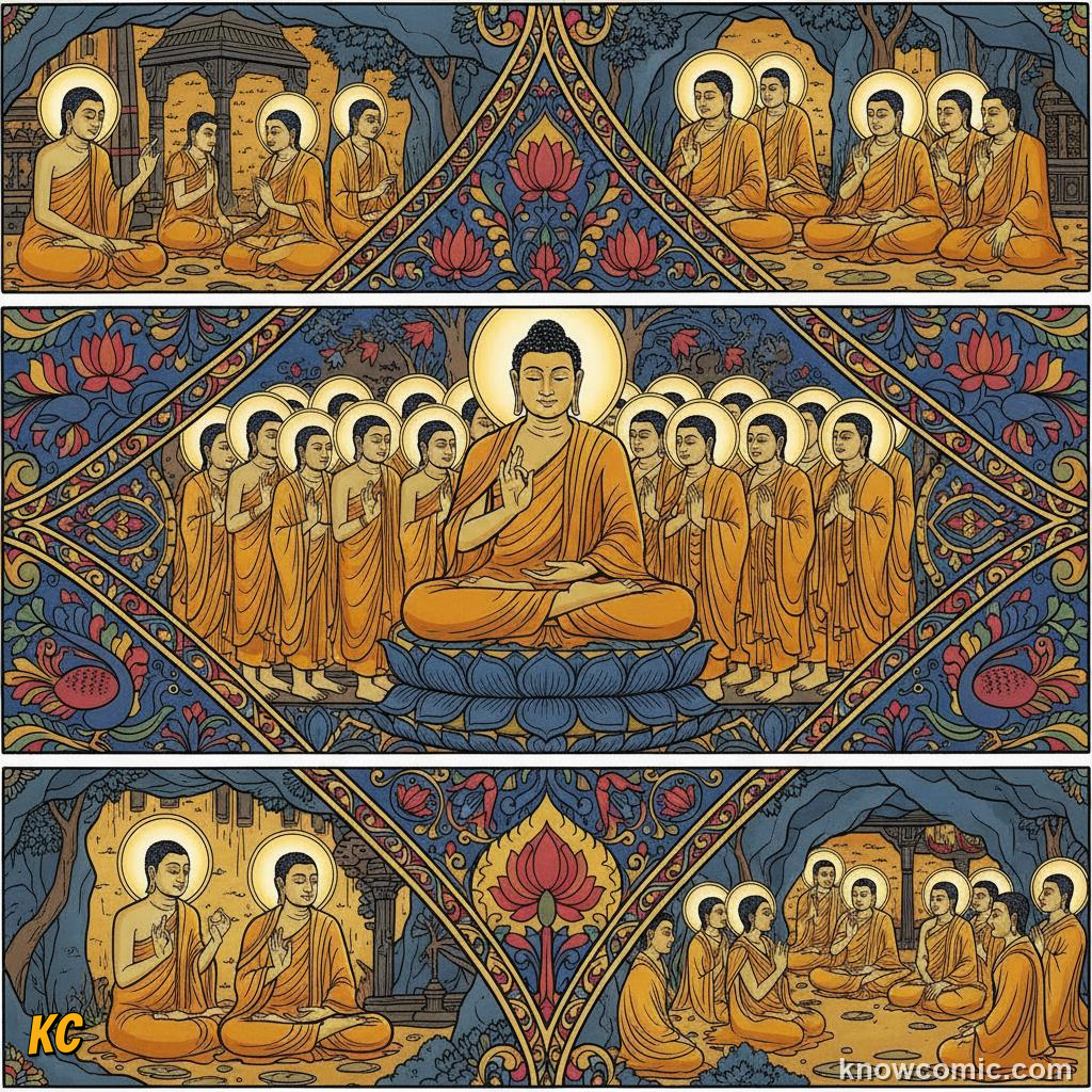 Colourful Ajanta cave paintings depicting Buddhist stories on rock walls