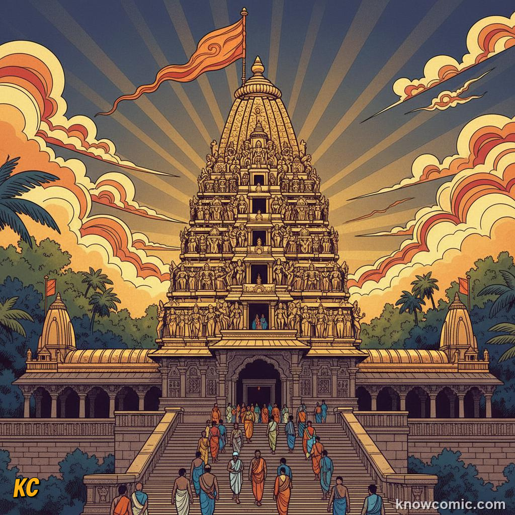 Tall Hindu temple tower called a shikhara rising above a stone courtyard
