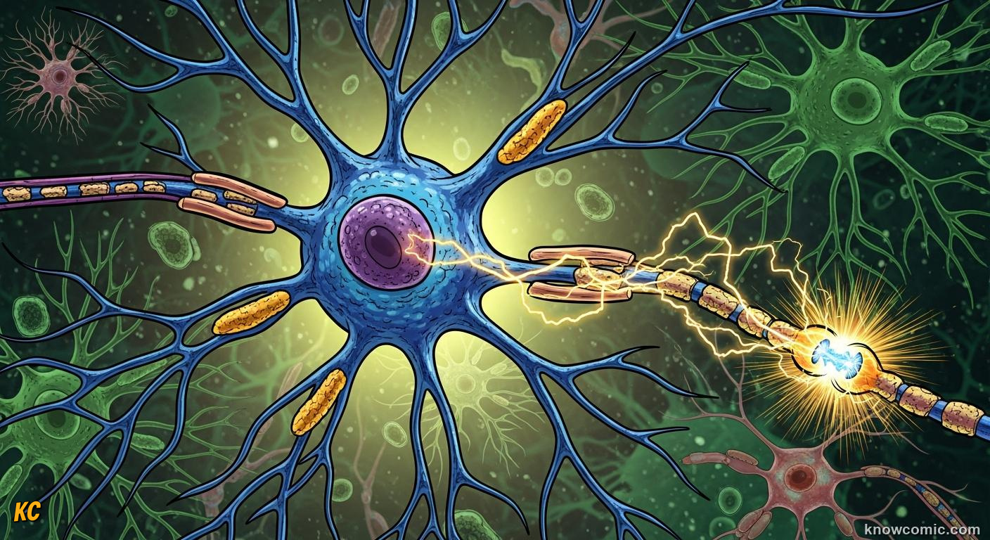 Neuron firing an electrical signal at lightning speed across a synapse