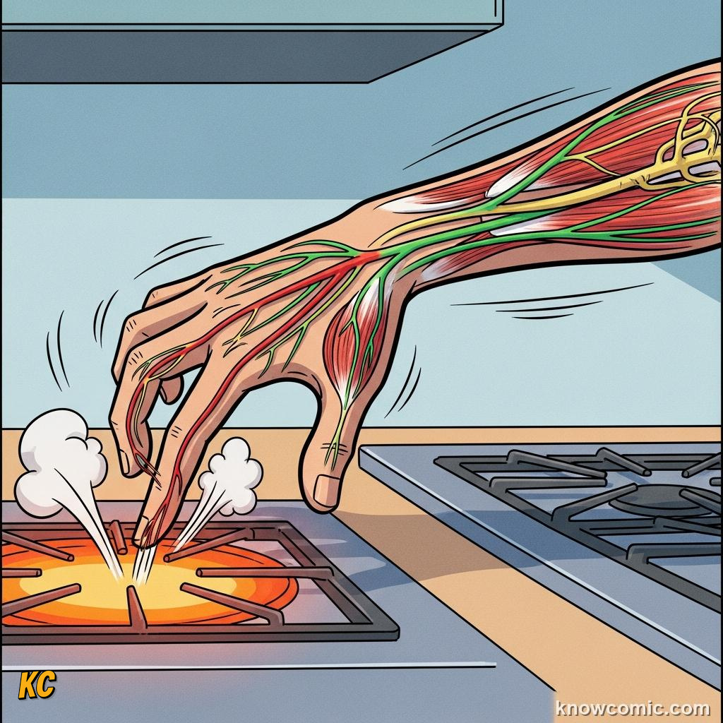 Reflex arc: hand pulling away from heat before the brain registers pain