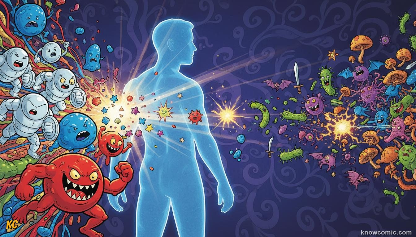 Immune cells battling invading germs and viruses in a microscopic war inside the body