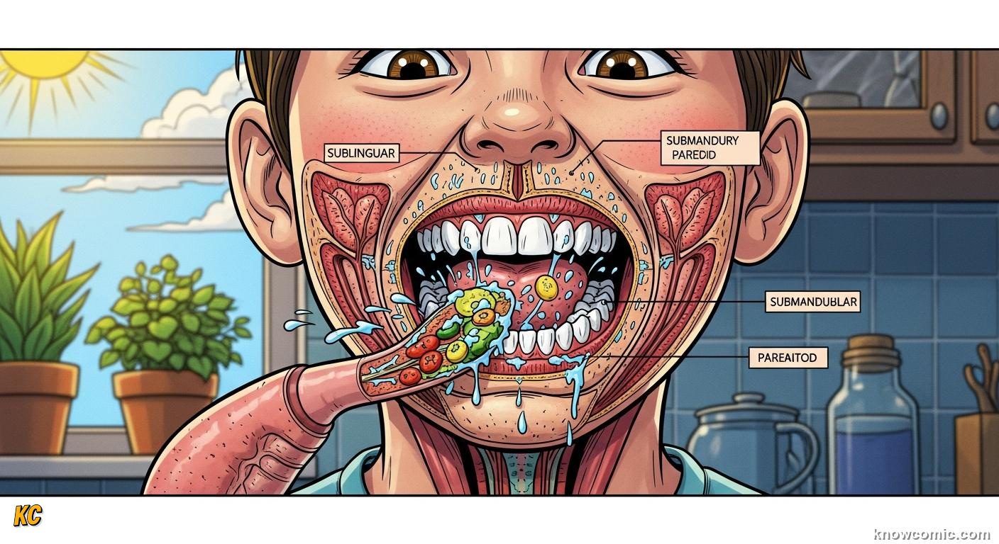 Mouth and esophagus beginning digestion: teeth chewing and saliva breaking down food