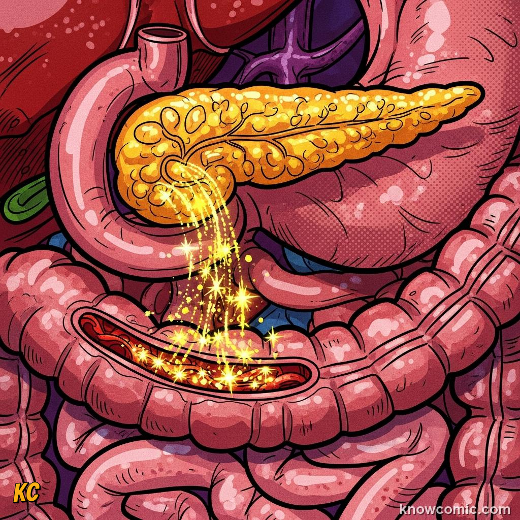 Pancreas releasing digestive enzymes and bicarbonate into the small intestine