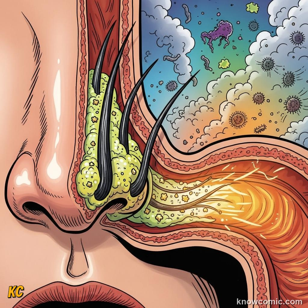 Nose hairs and mucus trapping dust, pollen, and pathogens before they enter the lungs