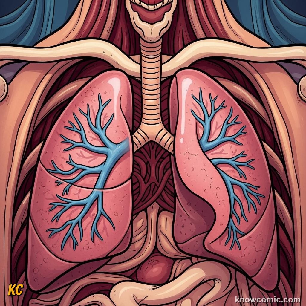 Trachea splitting into left and right bronchi leading into each lung