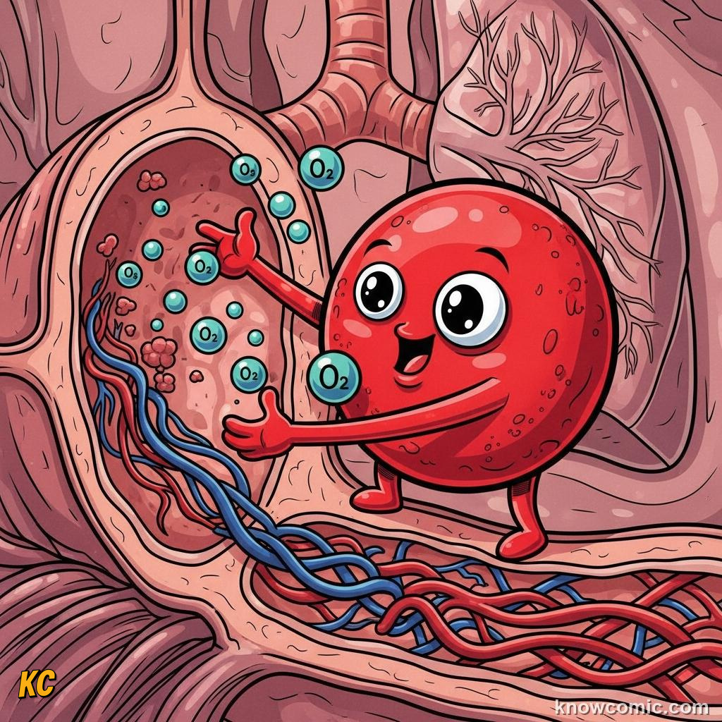 Oxygen crossing from alveoli into surrounding blood capillaries during inhalation