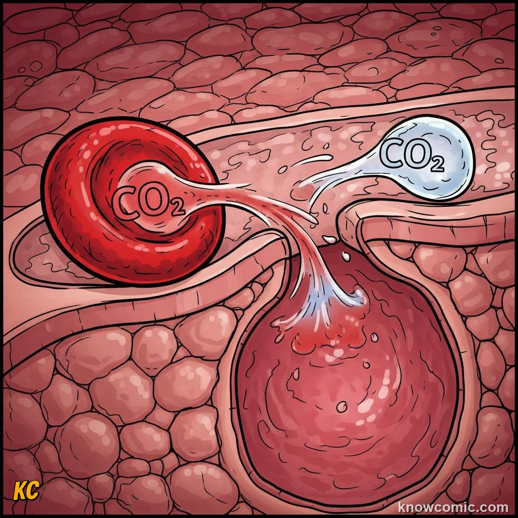 Carbon dioxide crossing from blood into alveoli to be exhaled out of the body