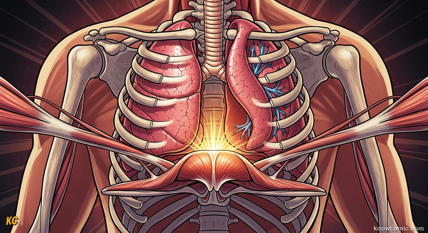 Diaphragm pulling down and ribs expanding to pump air into the lungs