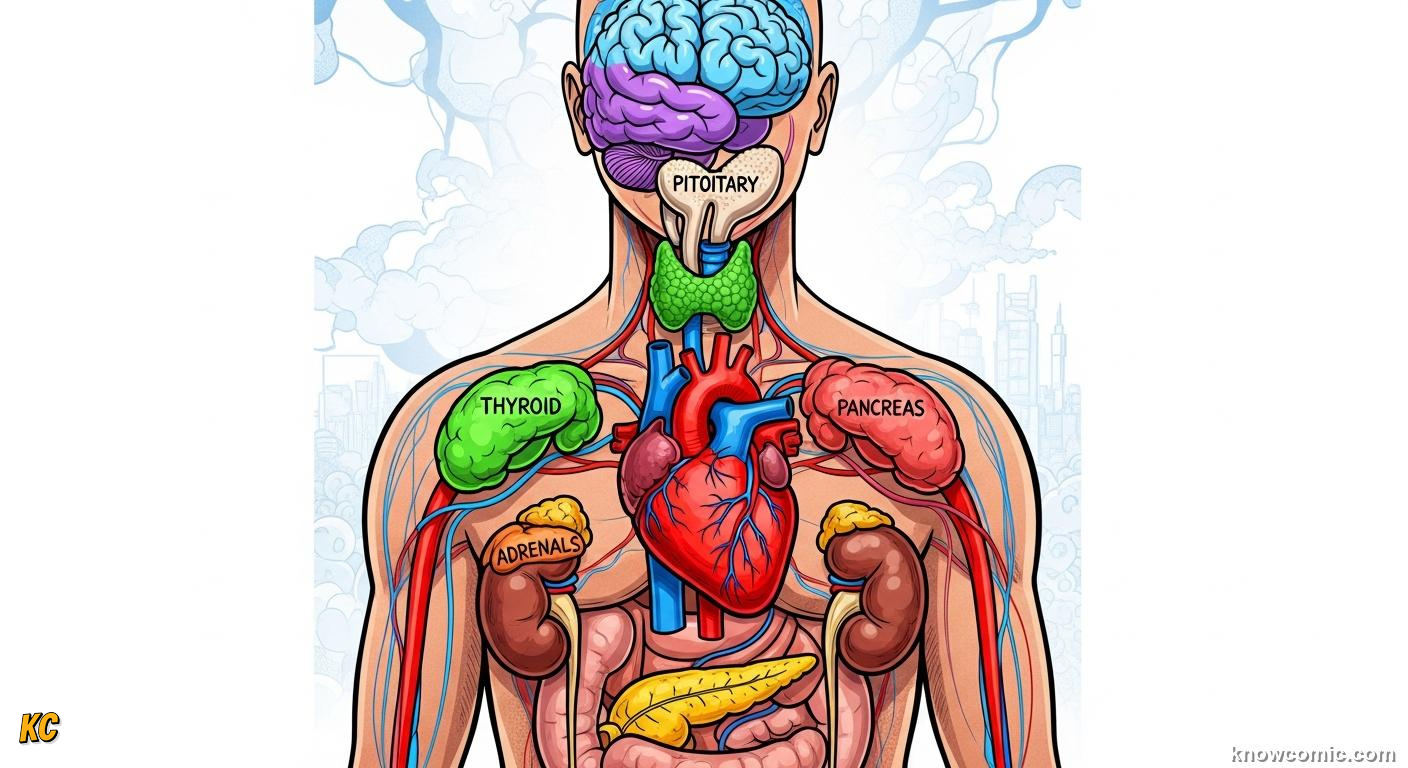 Map of all major endocrine glands: pituitary, thyroid, adrenals, pancreas, and more