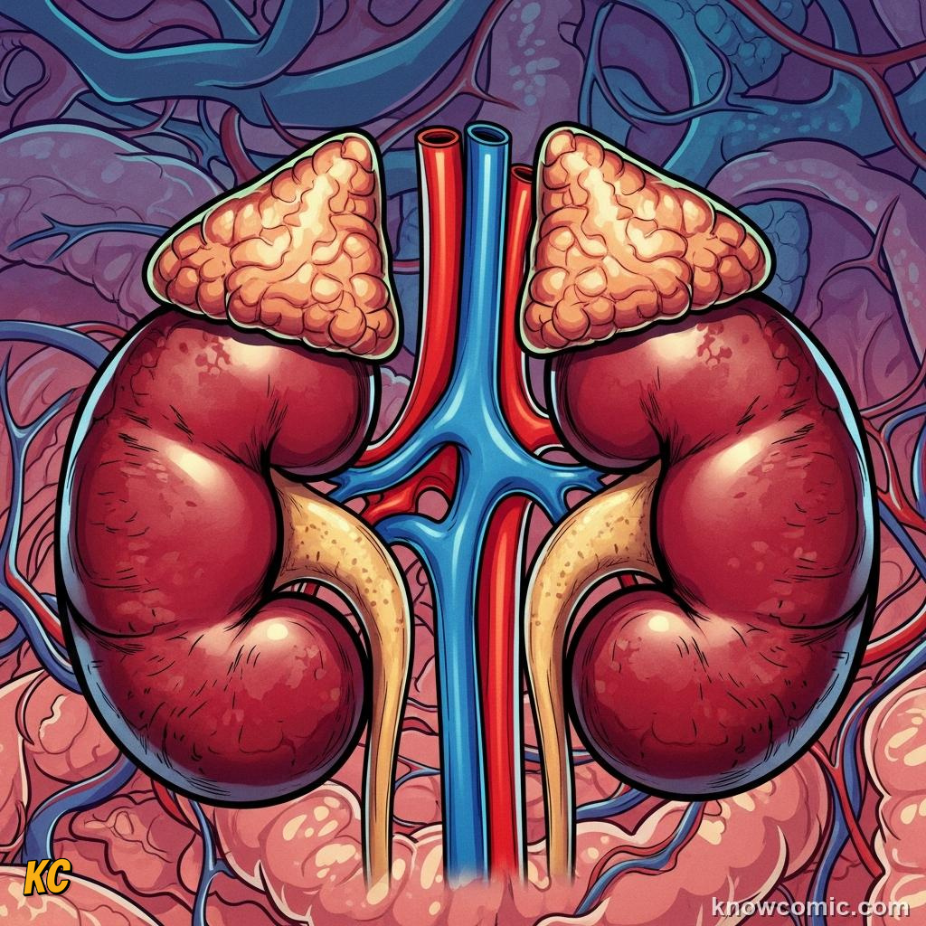 Adrenal glands on top of kidneys releasing adrenaline and cortisol for stress response