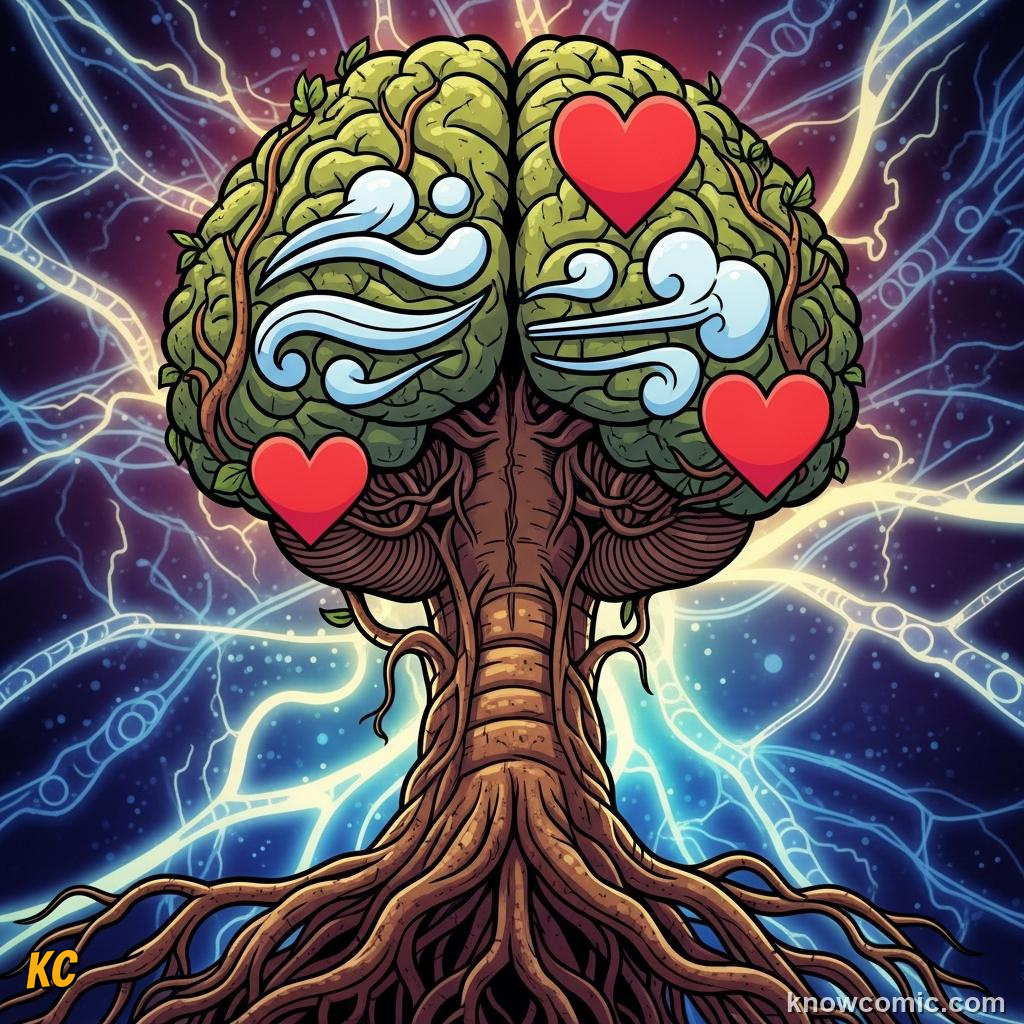 Brain stem controlling breathing, heartbeat, and basic survival functions automatically