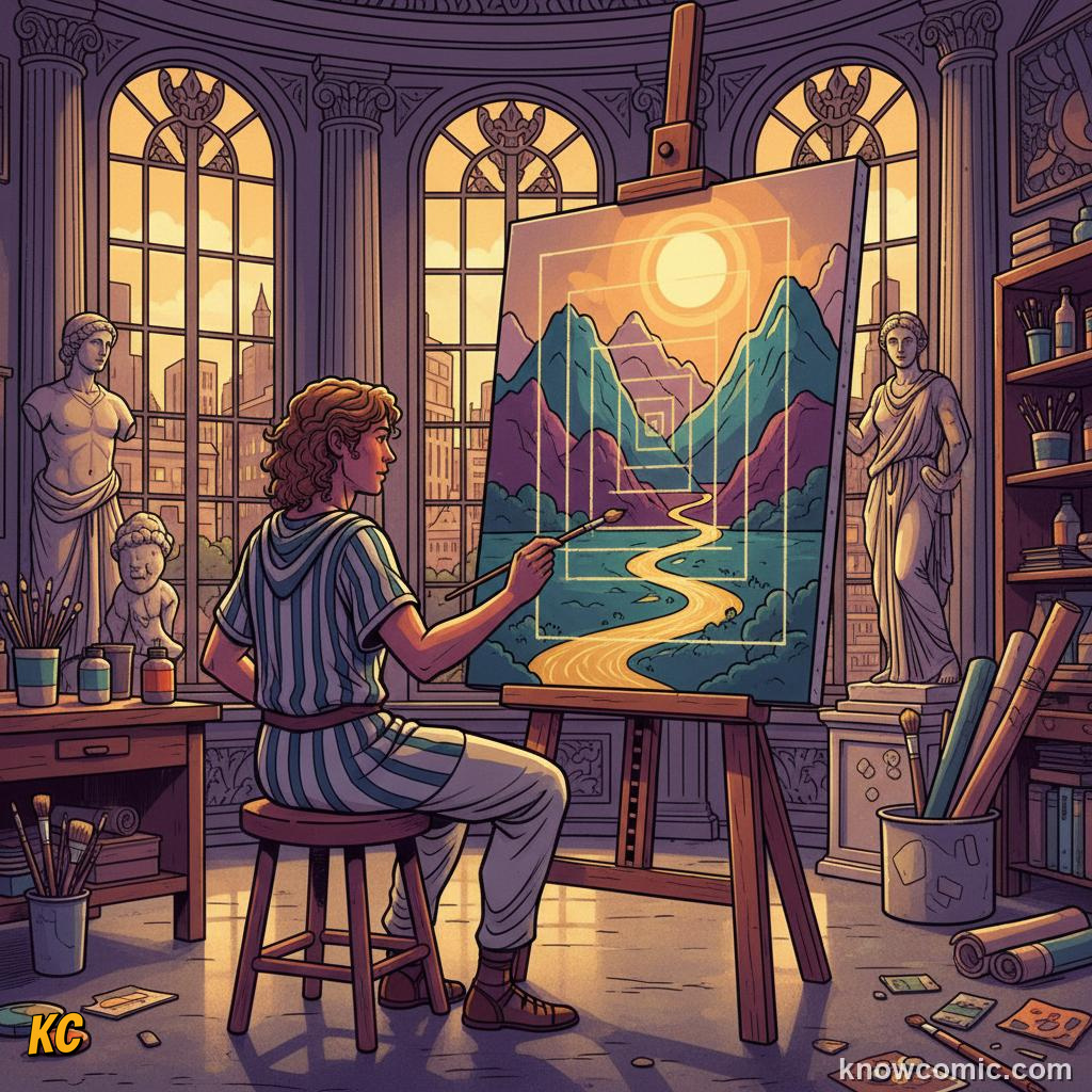 Artist studying a balanced composition inside a golden ratio frame in a studio