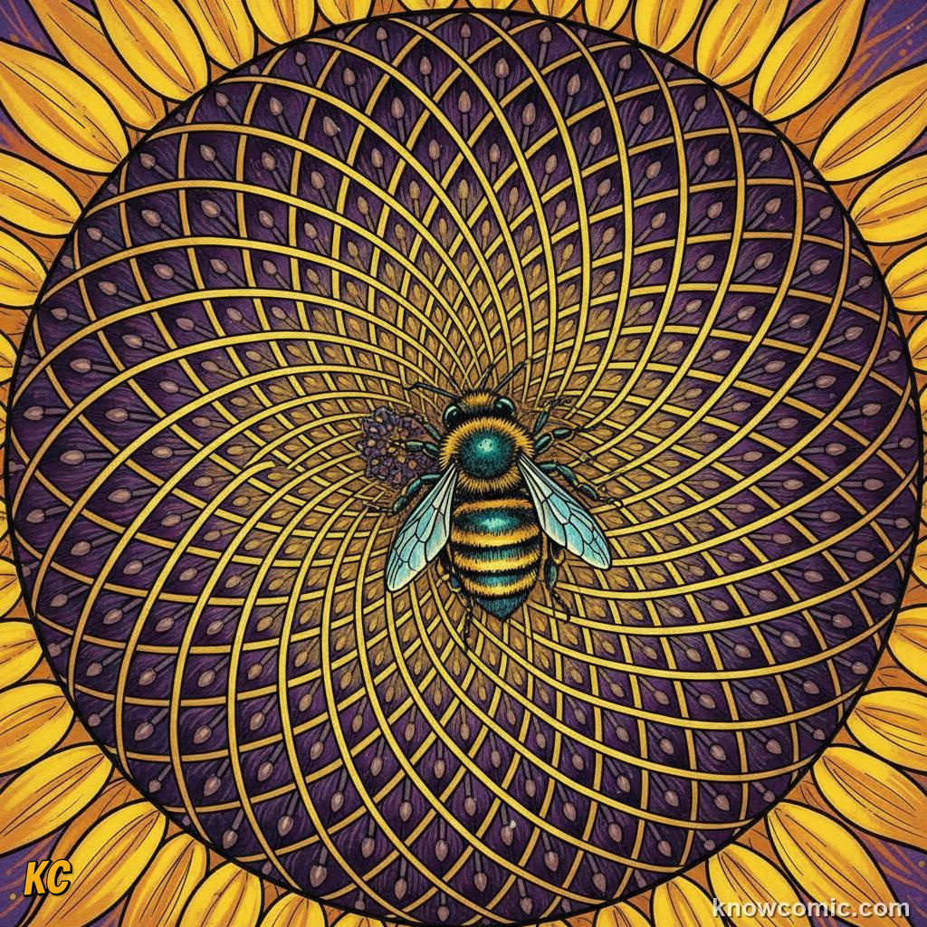 Cross-section of a sunflower head showing opposing clockwise and anticlockwise seed spirals