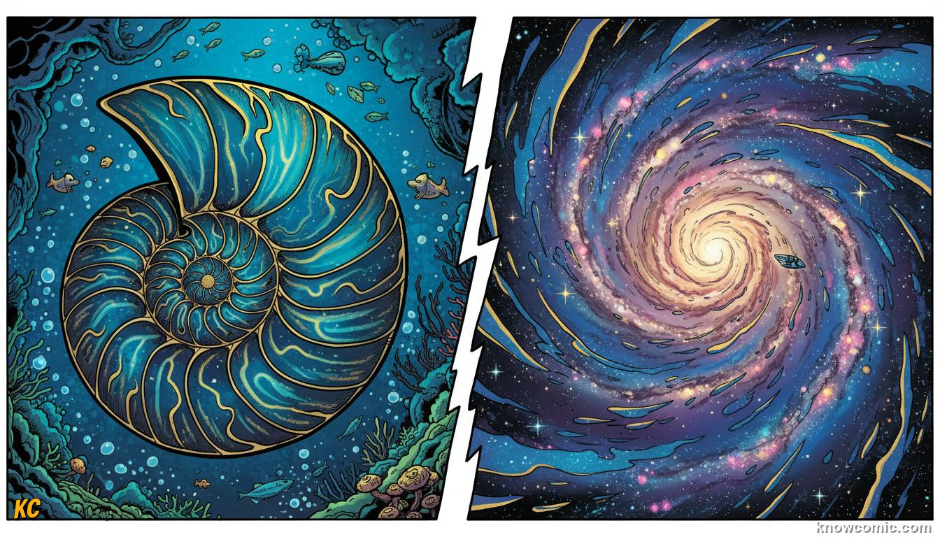 Nautilus shell spiral beside a hurricane swirl and galaxy arms showing logarithmic growth