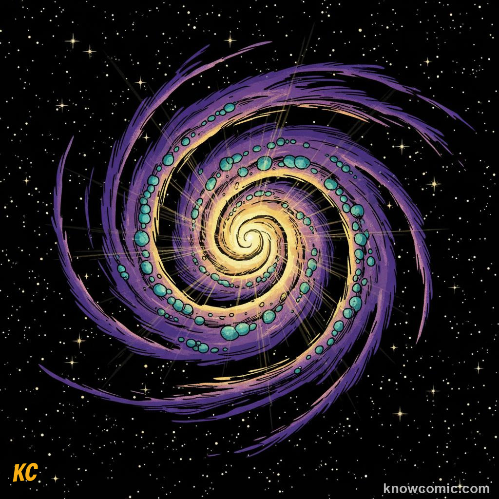 Spiral galaxy arms sweeping outward in a logarithmic curve through deep space