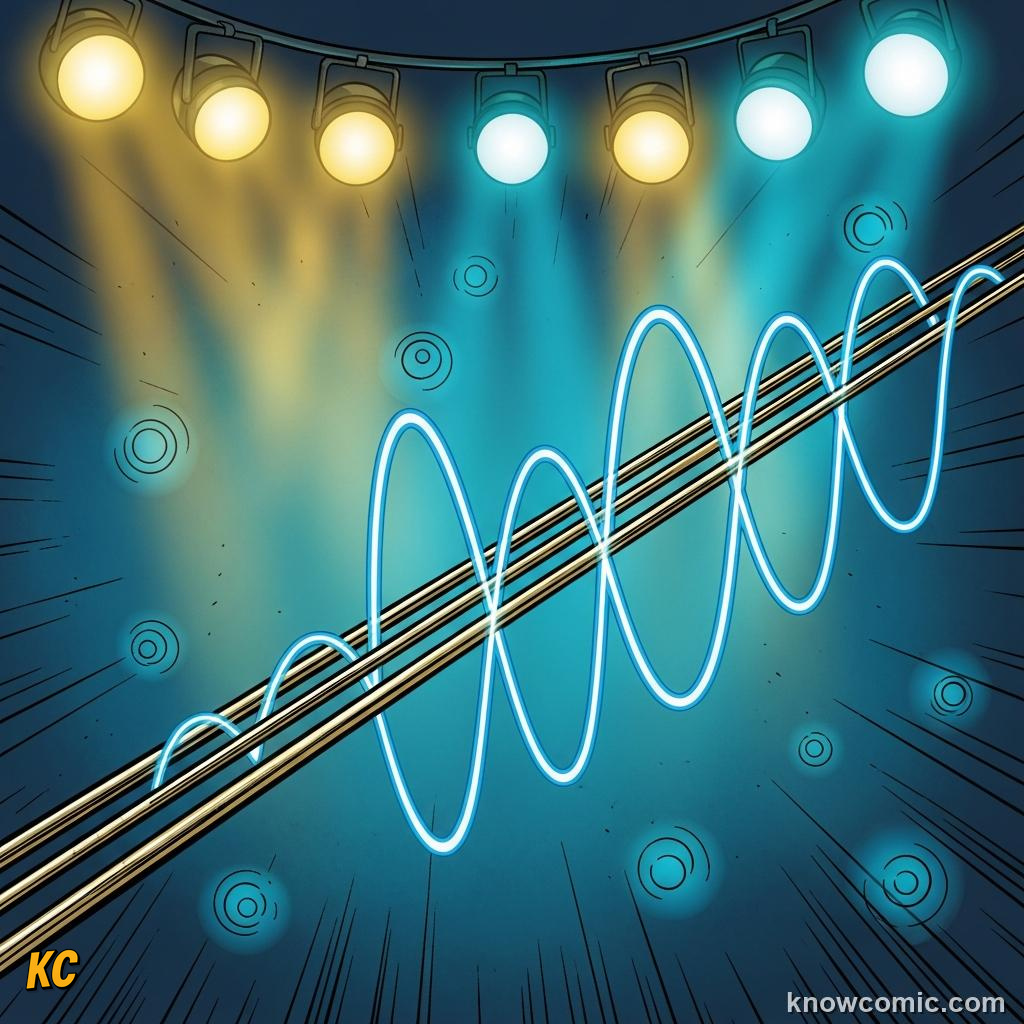 Vibrating guitar string shown as a sine wave with pi in the frequency equation below