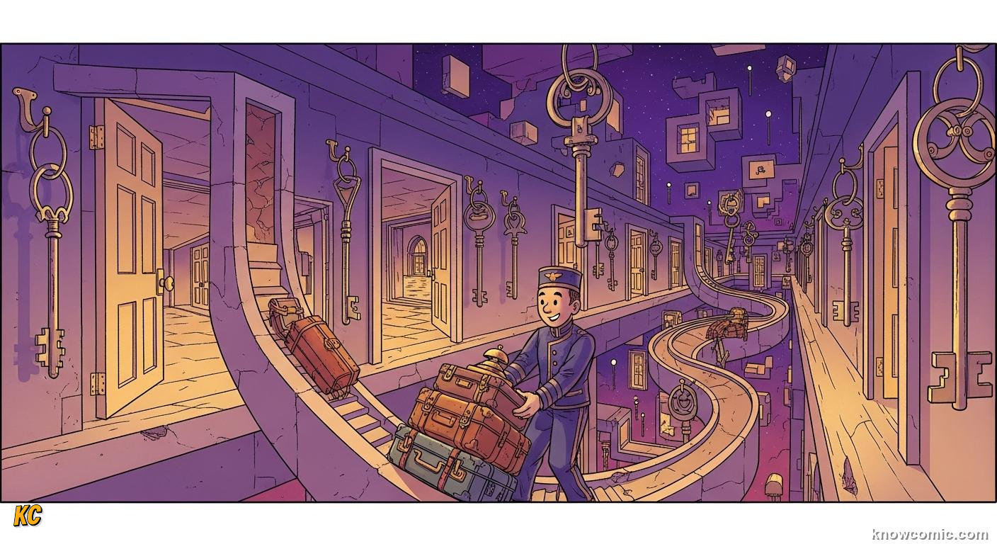 Hilbert hotel with infinite numbered rooms all full while a new guest stands at the entrance