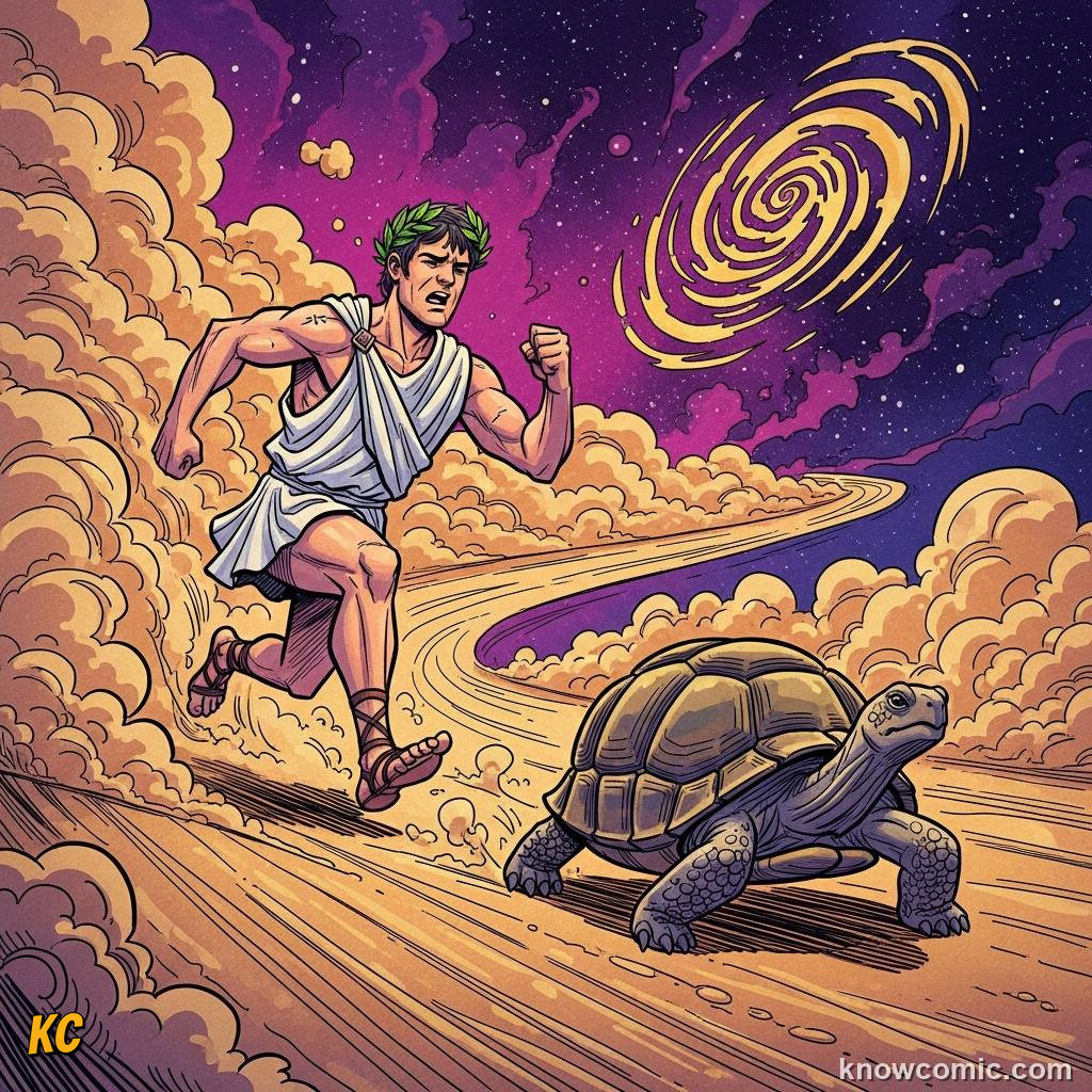 Achilles and tortoise race showing Zeno paradox of infinite halfway steps