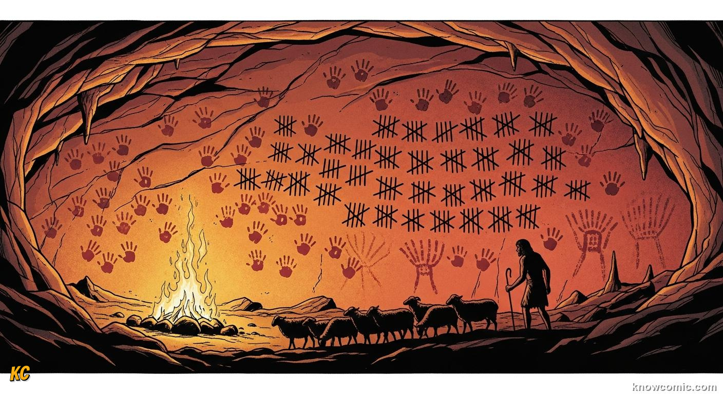 Cave drawing showing one-to-one matching of animals with tally marks
