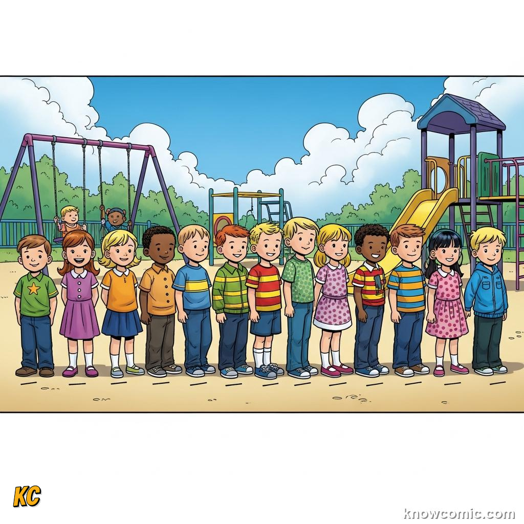 Children standing in a queue showing the concept of ordering by position