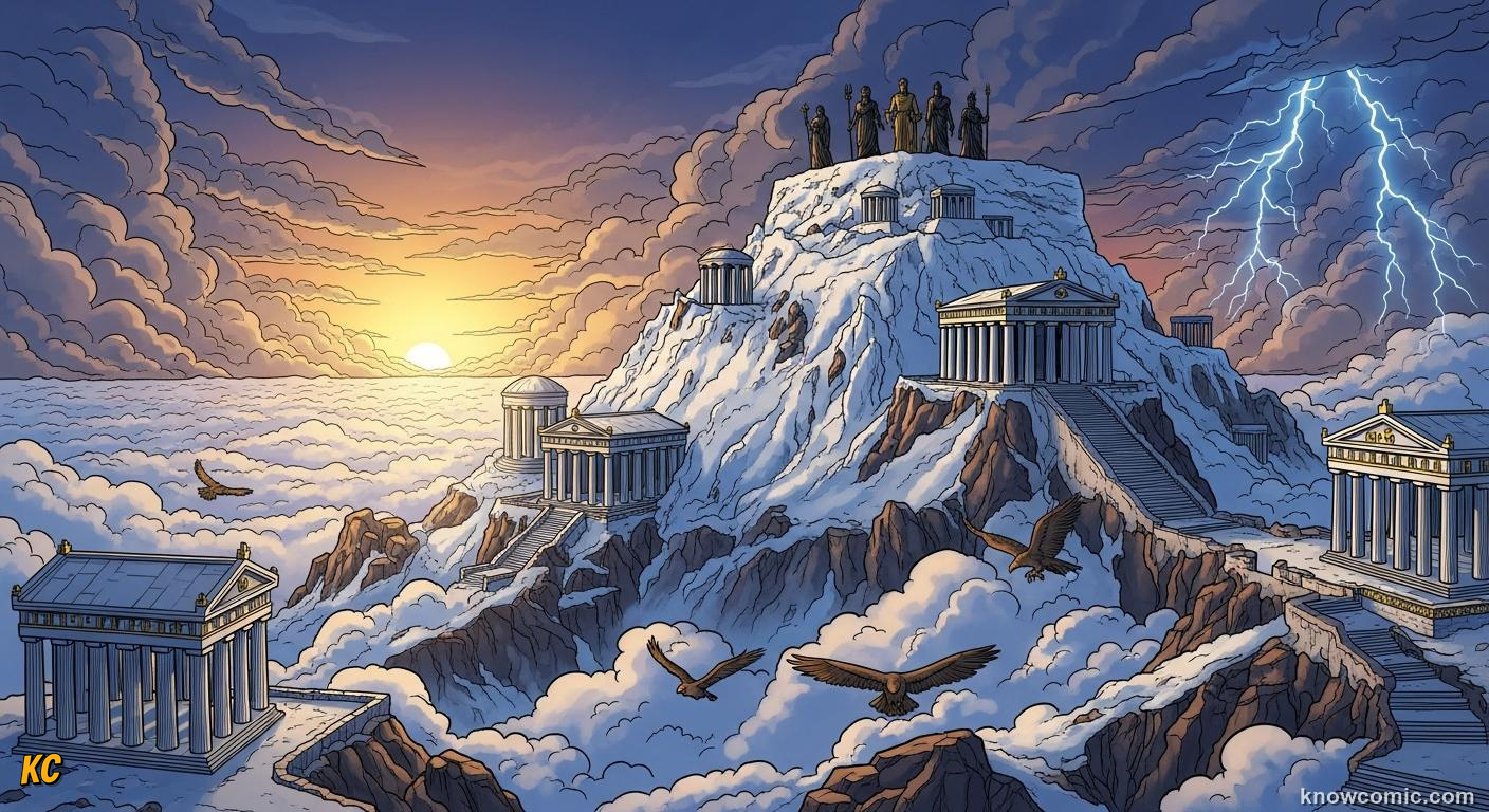 Mount Olympus towering above clouds, home of the Greek gods